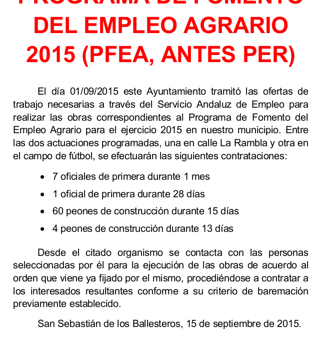 Puestos de trabajo en el Programa de Fomento del Empleo Agrario 2015 (PER) 1
