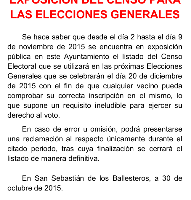 Exposición del listado del Censo Electoral para las Elecciones Generales 1