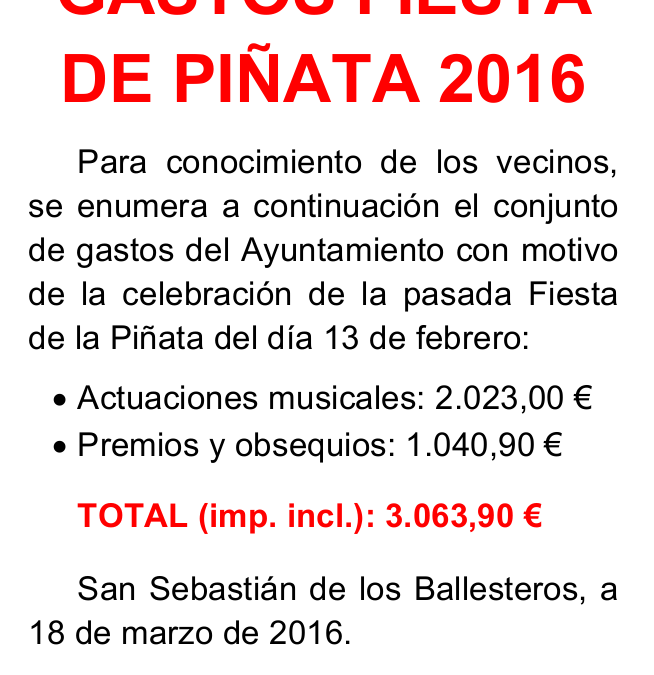 Gastos Fiesta de la Piñata 2016 1