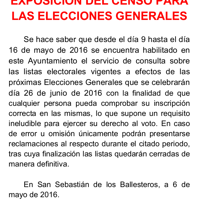 Exposición del Censo Electoral para las Elecciones Generales 1