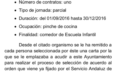 Contratación de pinche de cocina para Escuela Infantil
