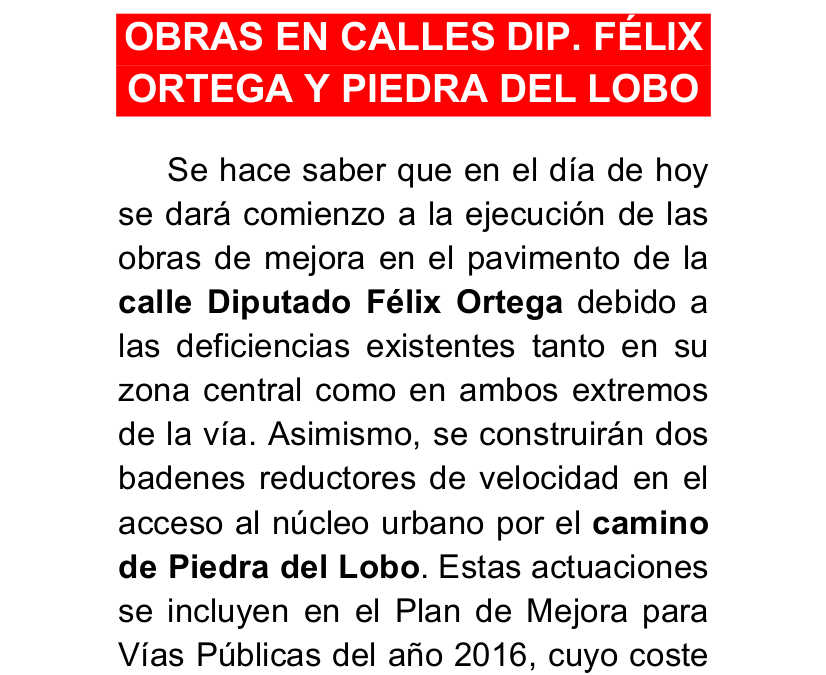 Obras en calles Dip. Félix Ortega y Piedra del Lobo 1