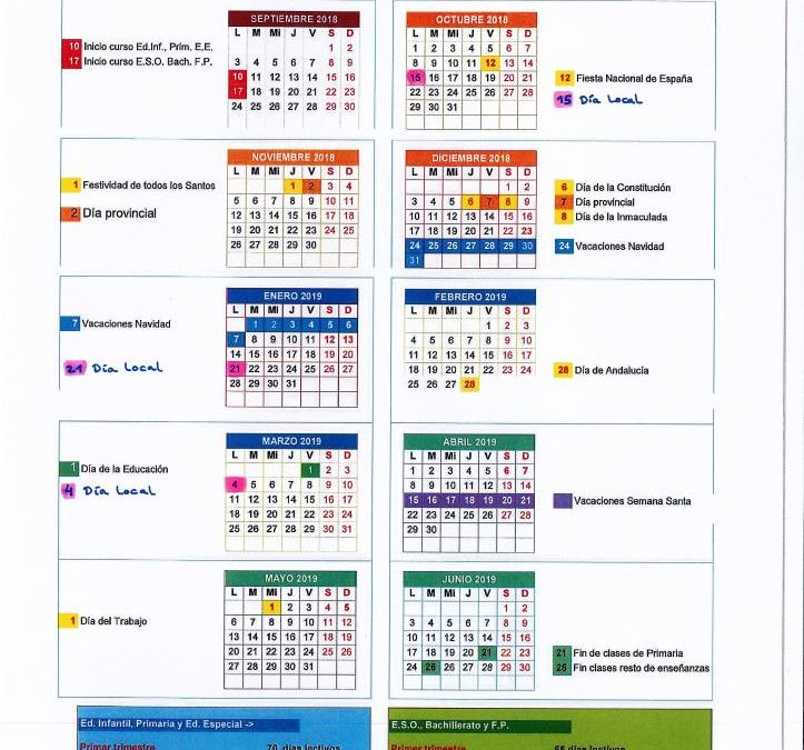 Calendario del Colegio curso 2018-2019 1