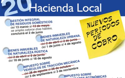 Nuevos periodos de cobro de GIRD, IBI Urbana y Rústica , IVTM e IAE del ejercicio 2020.
