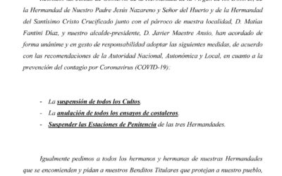Suspendidos los cultos y procesiones de Semana Santa