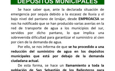 Bando reducción de agua en los depósitos municipales