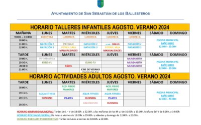 Horario de cursos infantiles y adultos. Agosto verano 2024